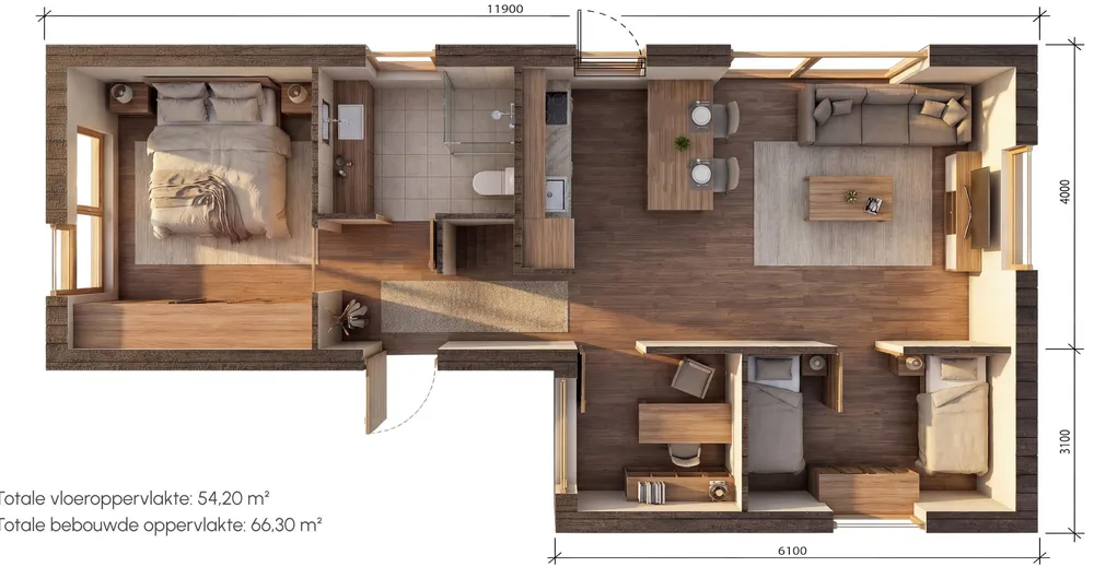 Plattegrond van de iWOOD Base Plus met hoofdmodule en extensie