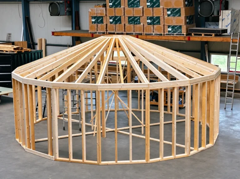Houten yurtframe met radiaal dak in de hal