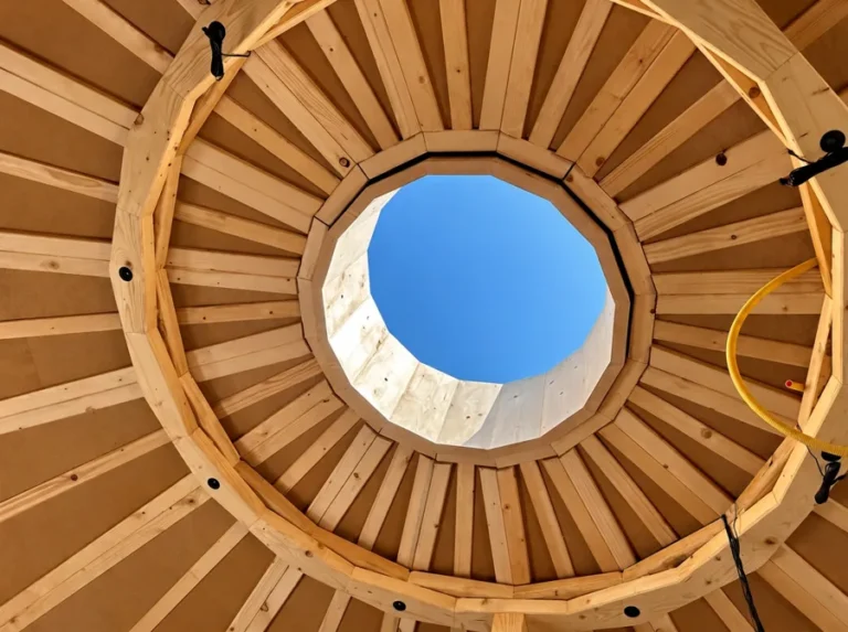 Interieur met houten dakring en lichtopening