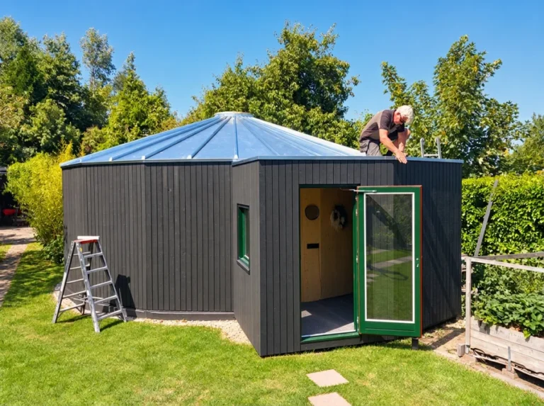 Bijna afgeronde yoga-yurt met groene deur